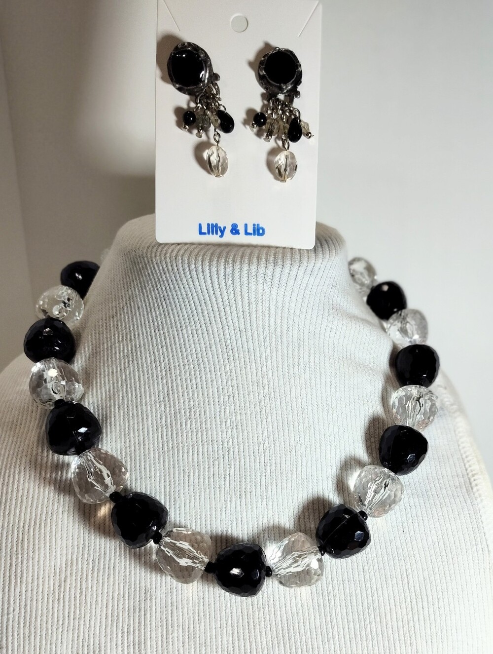 Black and Clear Bead Necklace and Earring Set